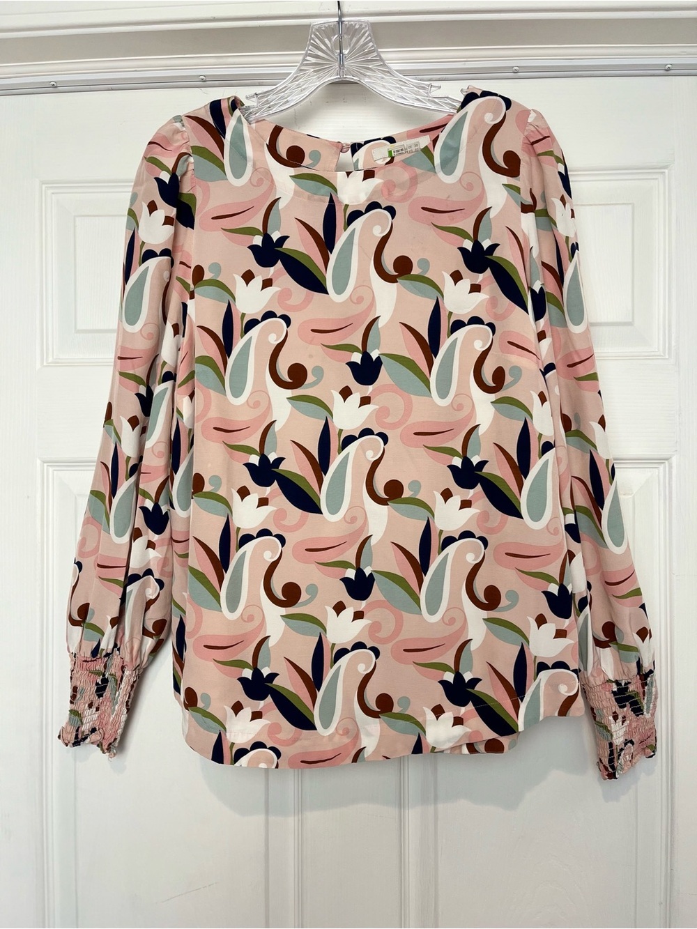 Boden | Pink Milkshake Paisley Meadow Smocked Cuff Viscose Blouse, Size 8